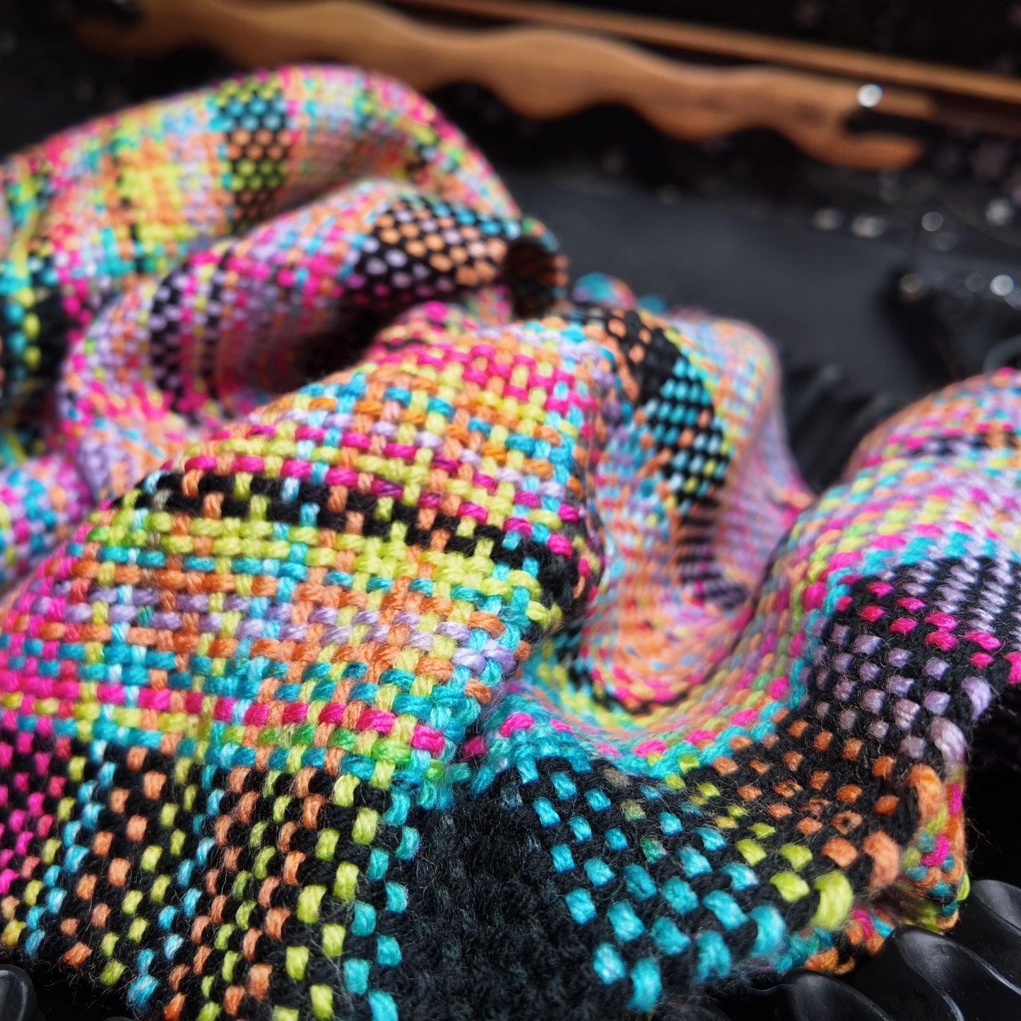 ❖ Neon and Black Plaid Handwoven Scarf ❖