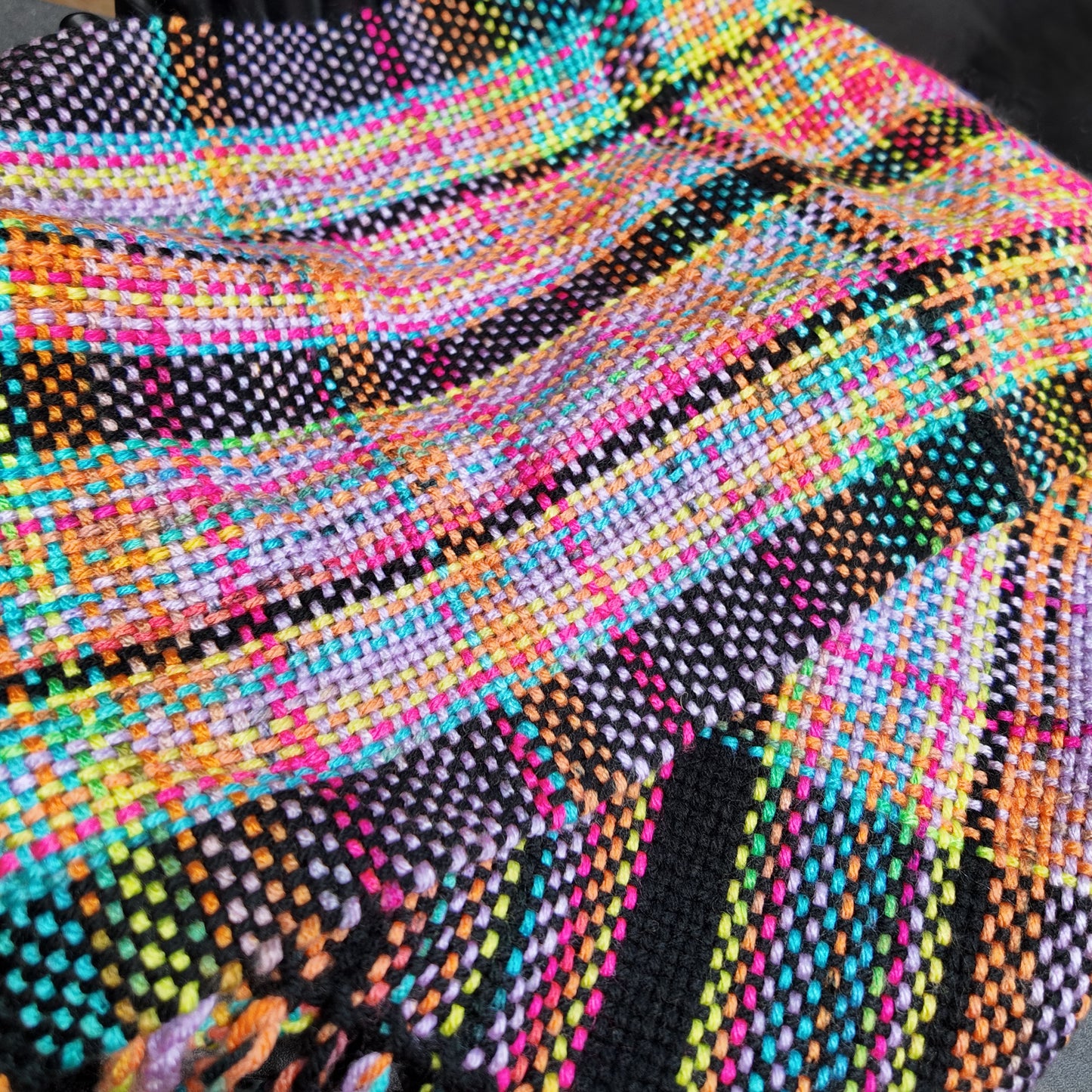 ❖ Neon and Black Plaid Handwoven Scarf ❖