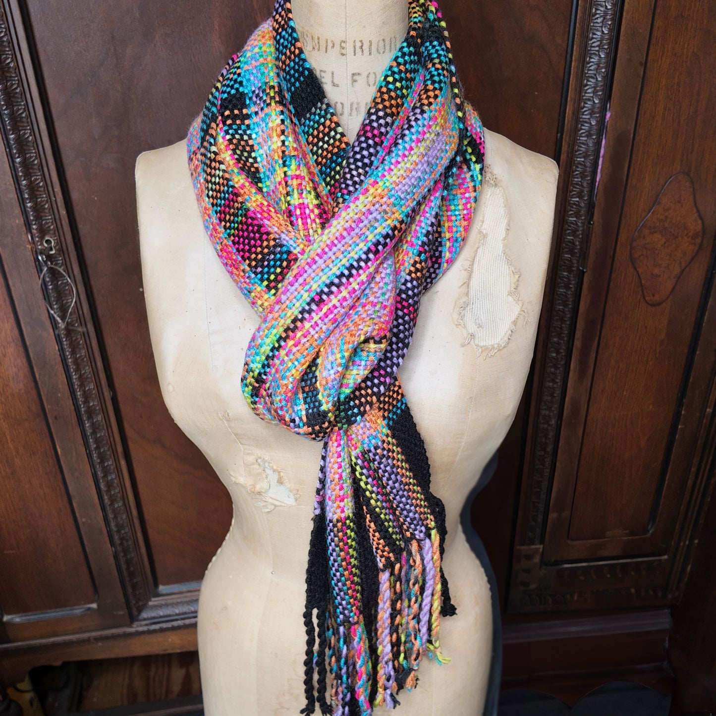 ❖ Neon and Black Plaid Handwoven Scarf ❖