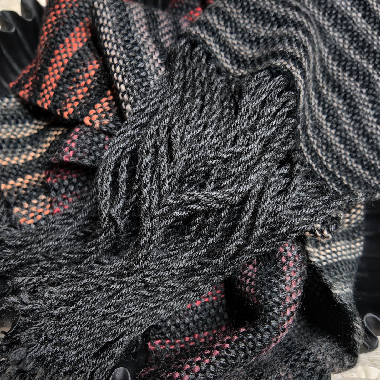 Sunset Stripes Handwoven Scarf ❖ Black ◦ Russet ◦ Purple