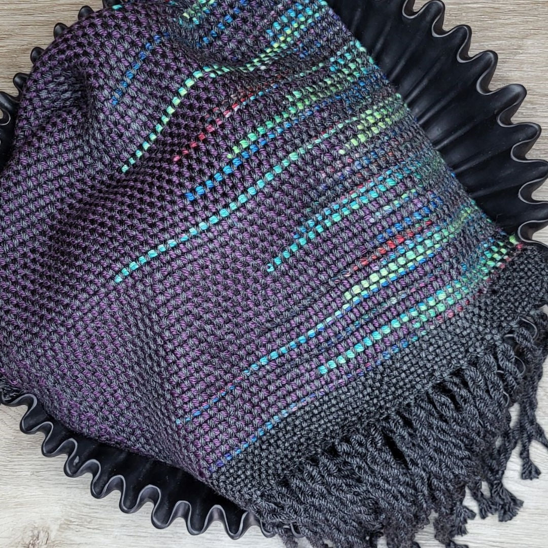 Rich Purple Handwoven Scarf with Multicolor Matrix Pattern ❖ Loom Woven