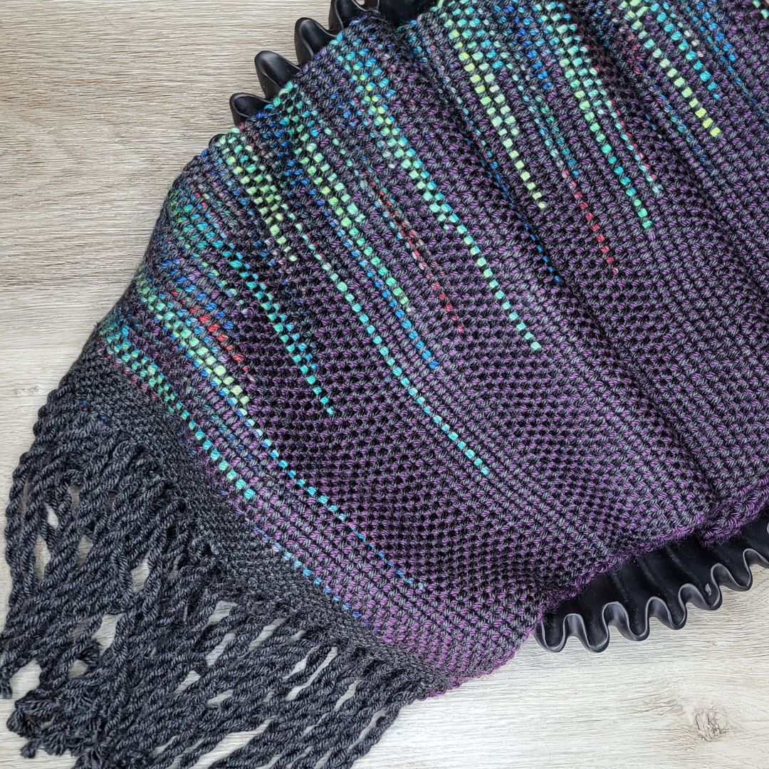 Rich Purple Handwoven Scarf with Multicolor Matrix Pattern ❖ Loom Woven