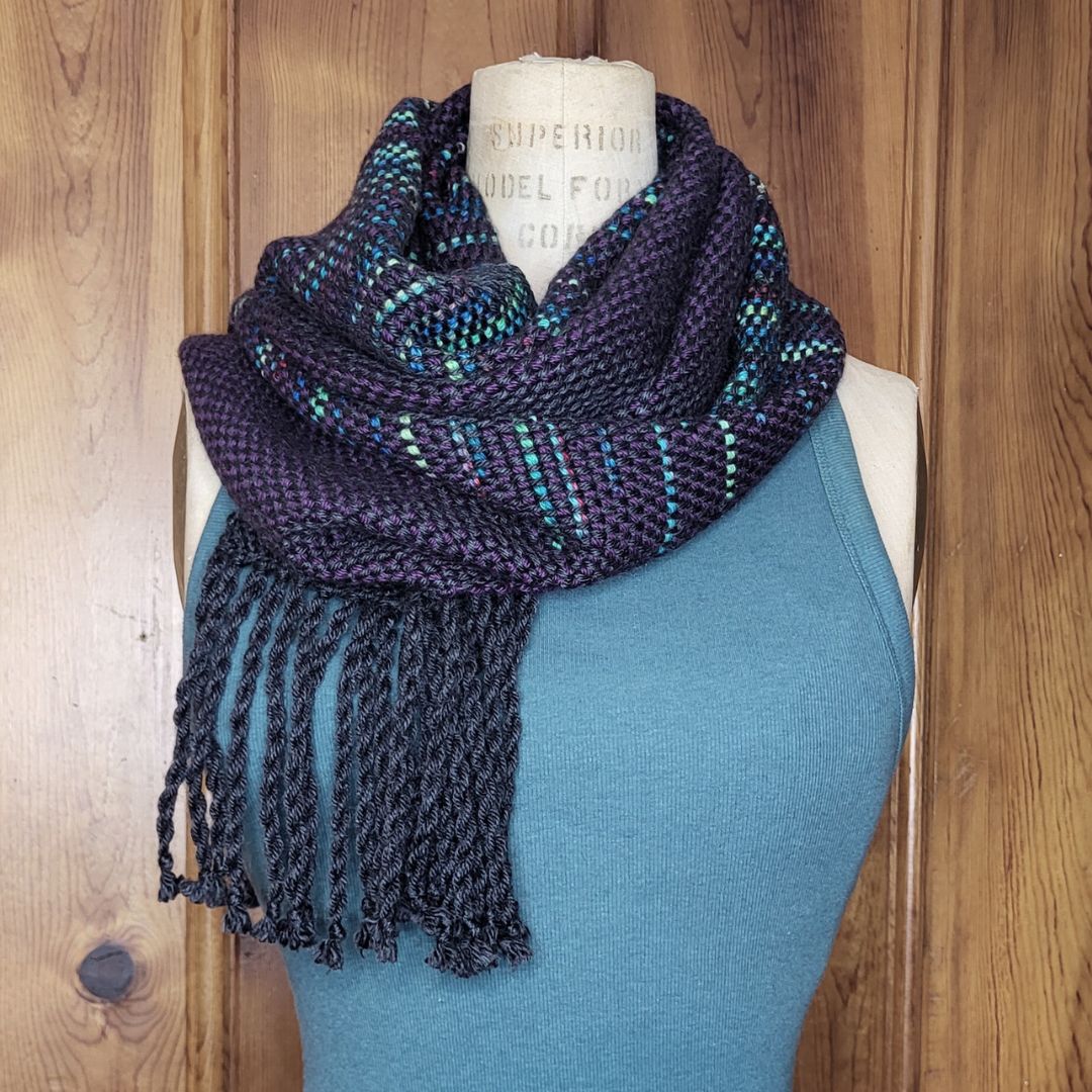 Rich Purple Handwoven Scarf with Multicolor Matrix Pattern ❖ Loom Woven