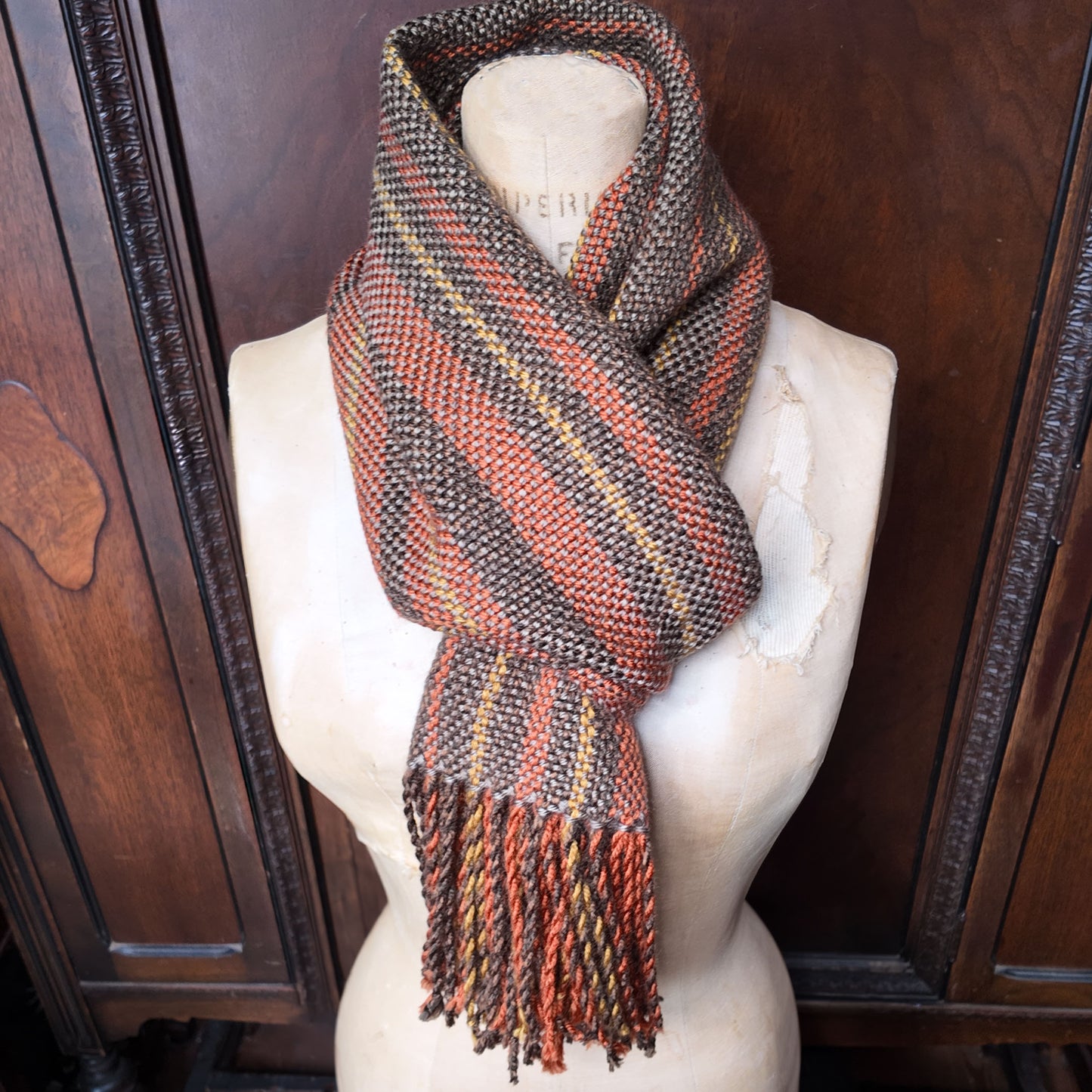 Hand Woven Scarf ❖ Dark Brown ◦ Burnt Orange ◦ Golden Yellow