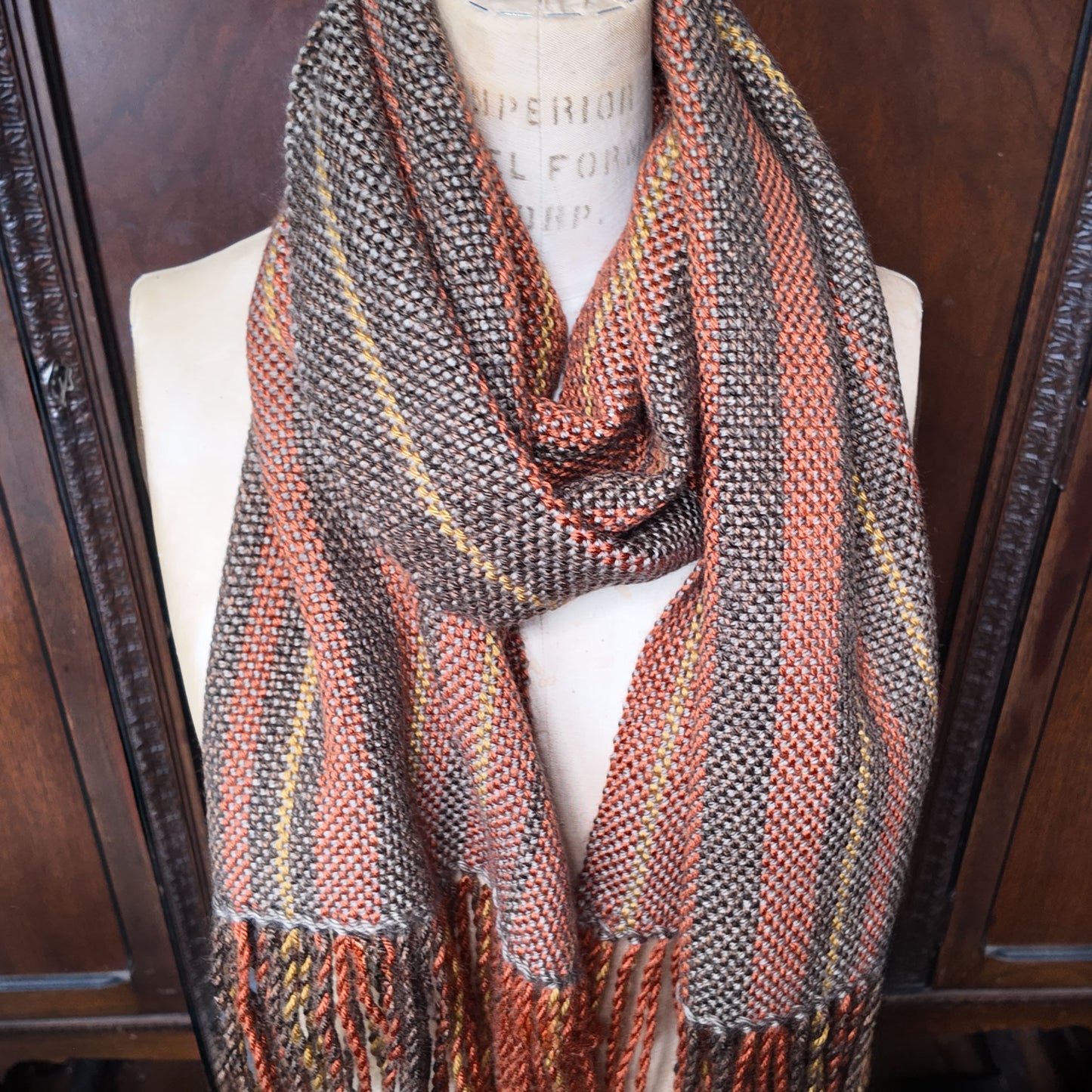 Hand Woven Scarf ❖ Dark Brown ◦ Burnt Orange ◦ Golden Yellow