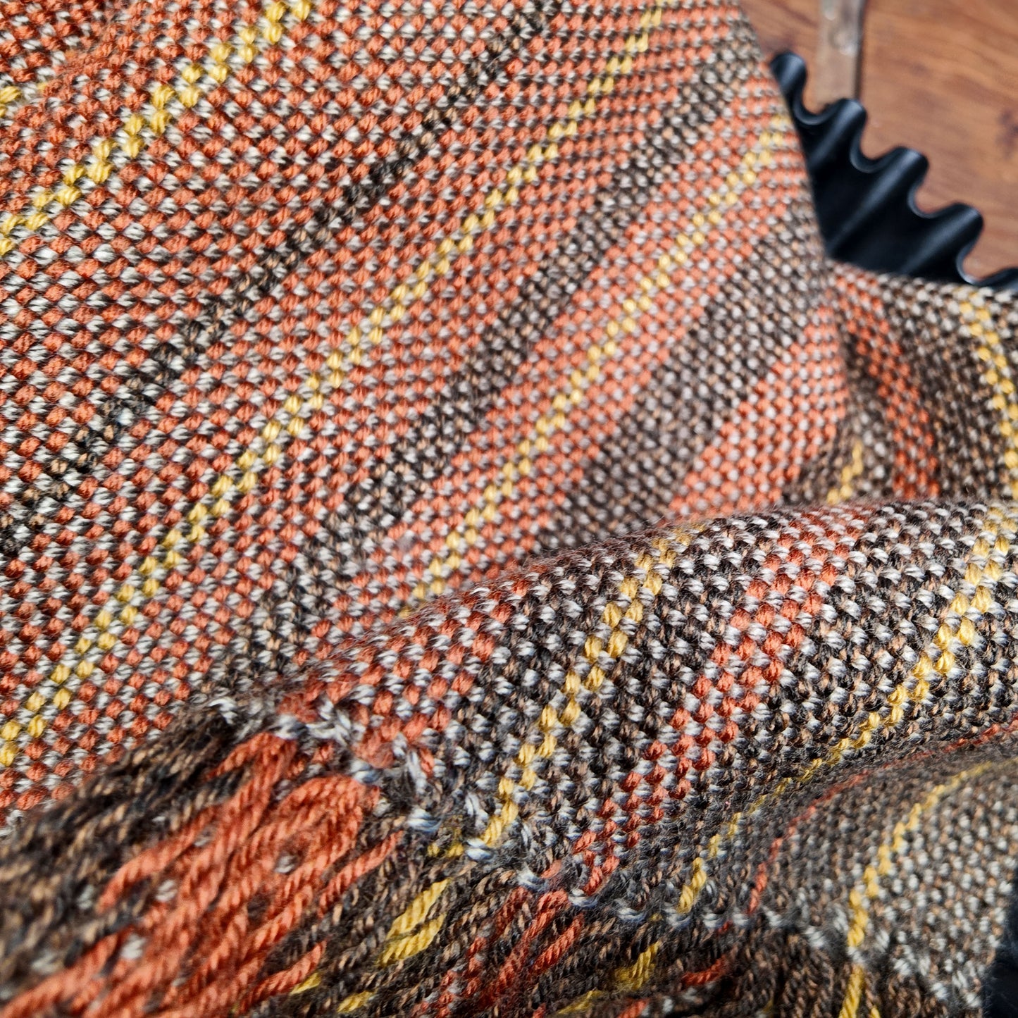 Hand Woven Scarf ❖ Dark Brown ◦ Burnt Orange ◦ Golden Yellow