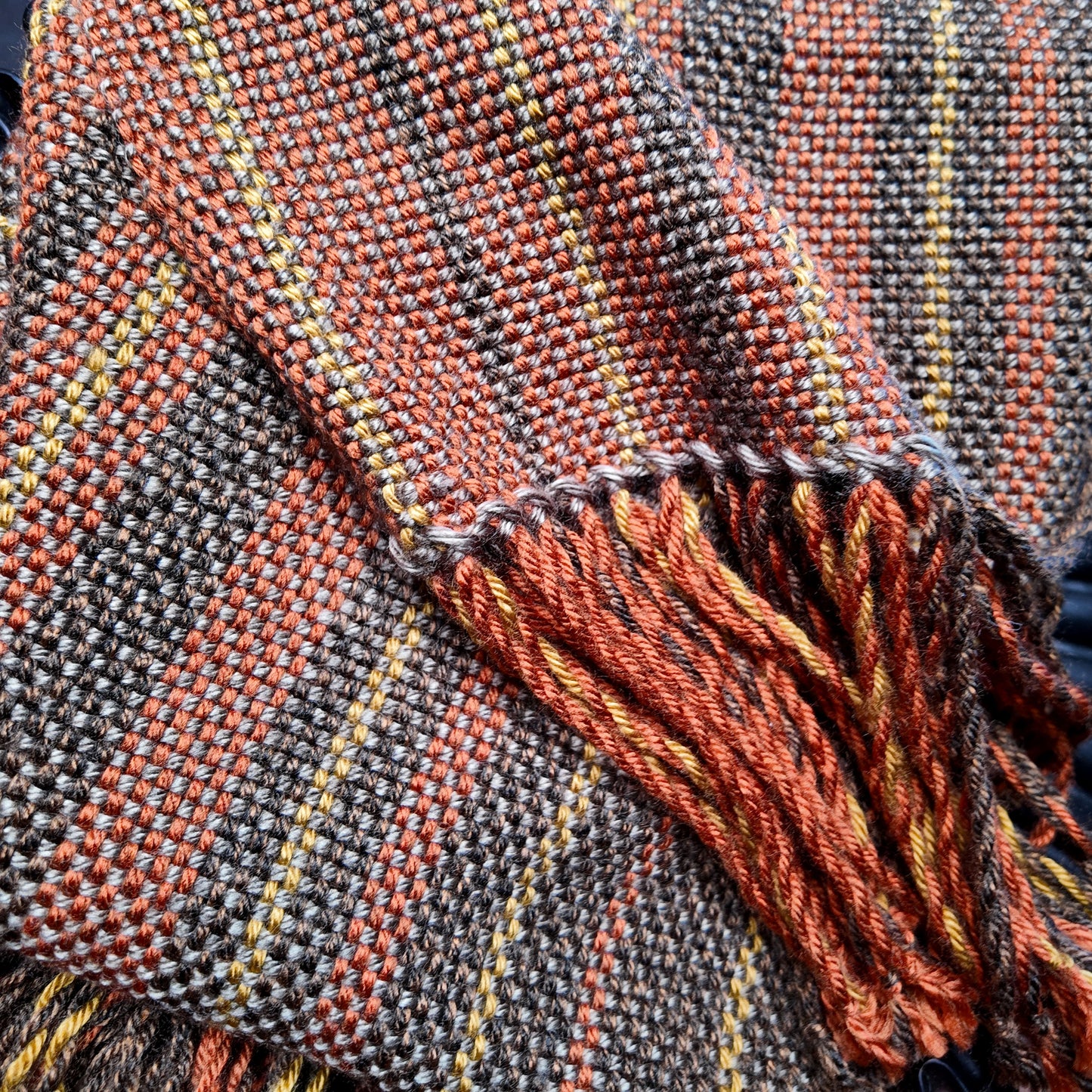 Hand Woven Scarf ❖ Dark Brown ◦ Burnt Orange ◦ Golden Yellow