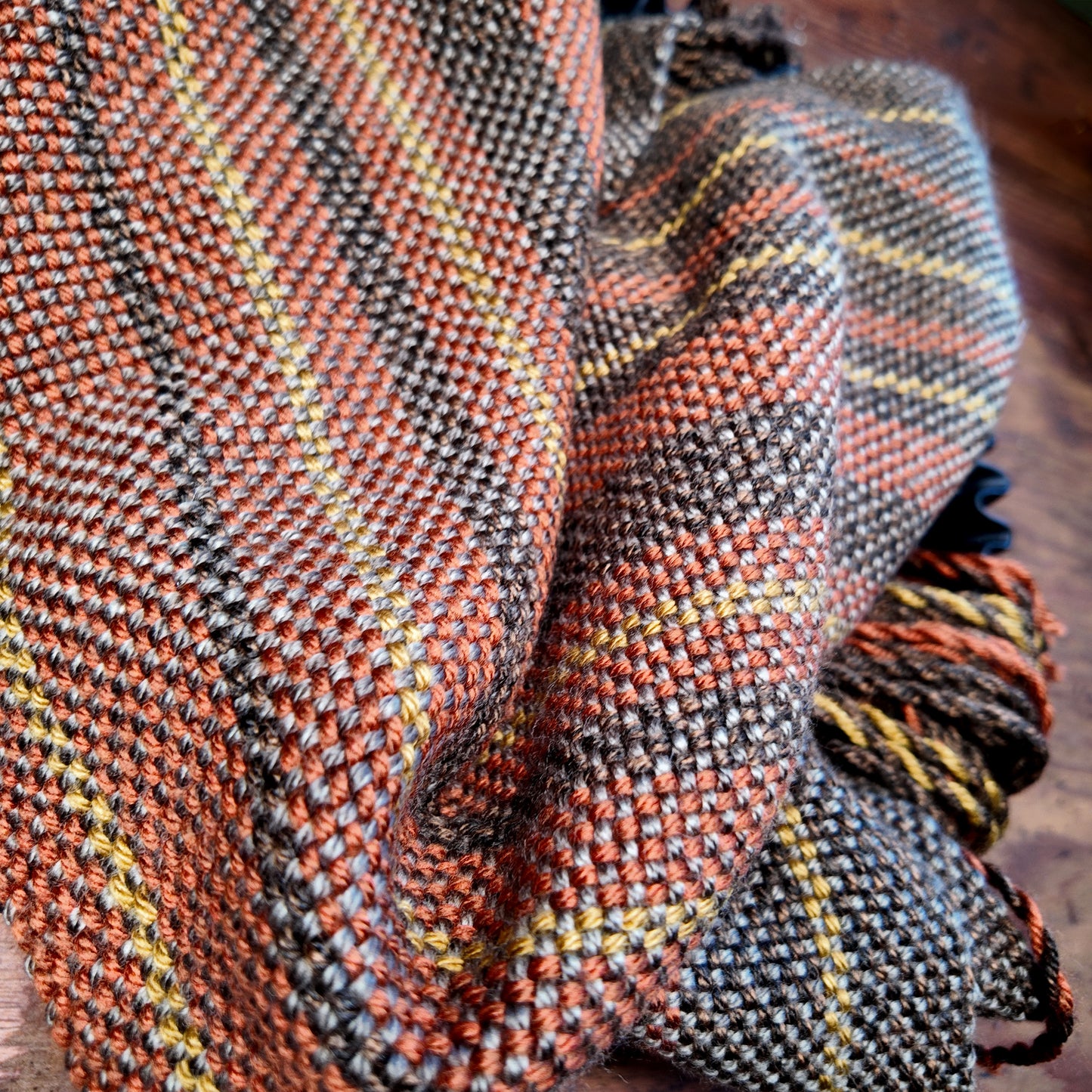 Hand Woven Scarf ❖ Dark Brown ◦ Burnt Orange ◦ Golden Yellow