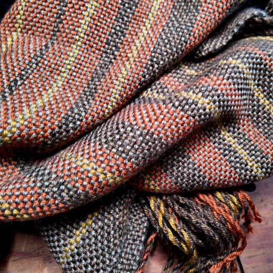 Hand Woven Scarf ❖ Dark Brown ◦ Burnt Orange ◦ Golden Yellow