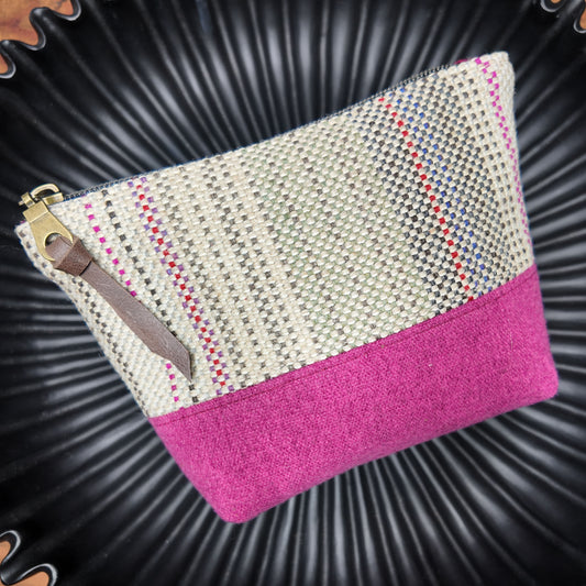 Zip Pouch ❖ Oatmeal Stripe ◦ Magenta ❖ Upcycled Fabric ❖ One of a Kind