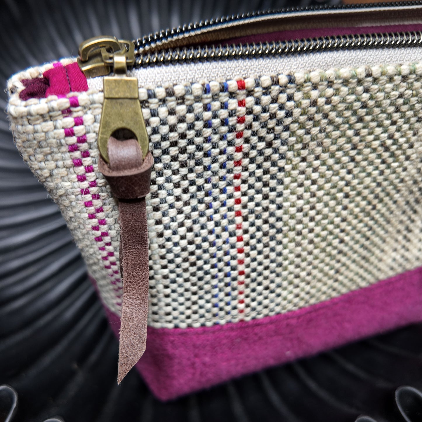 Zip Pouch ❖ Oatmeal Stripe ◦ Magenta ❖ Upcycled Fabric ❖ One of a Kind