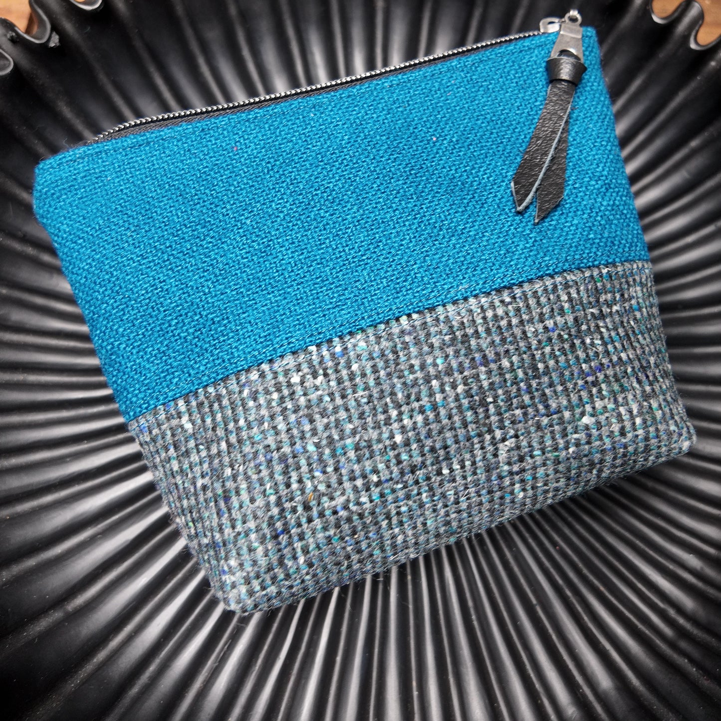 Zip Pouch ❖ Turquoise ◦ Gray Tweed ❖ Upcycled Fabric ❖ One of a Kind