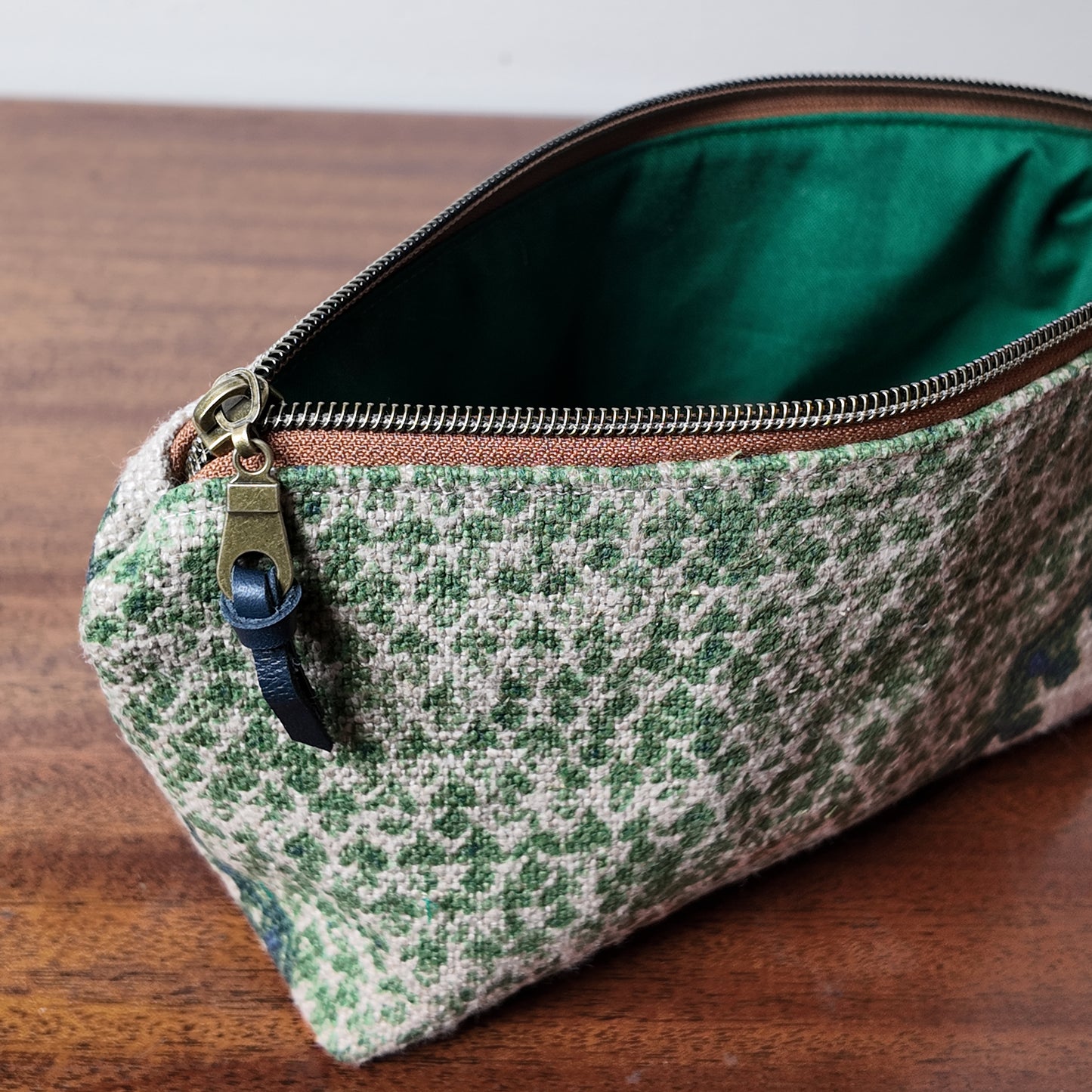 Green Paisley Linen Pouch - Upcycled Fabric- OOAK