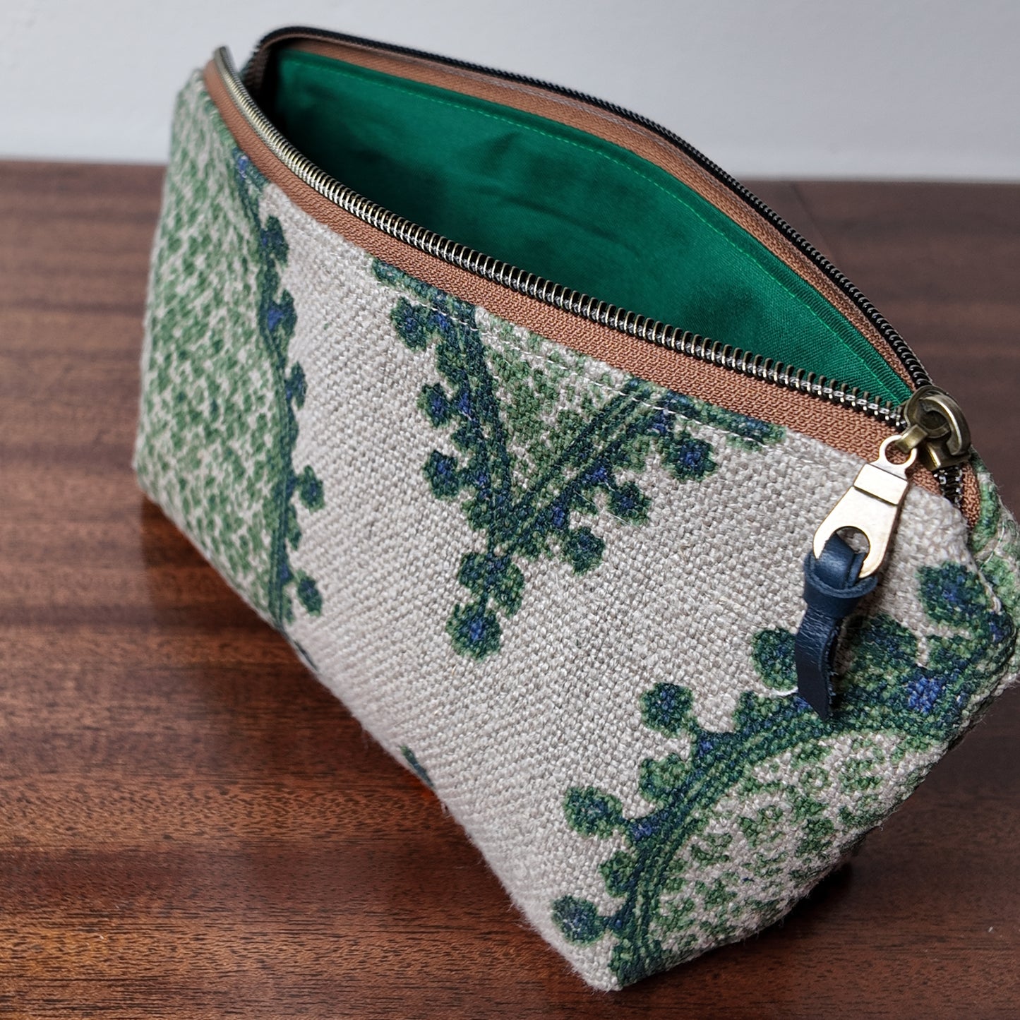 Green Paisley Linen Pouch - Upcycled Fabric- OOAK