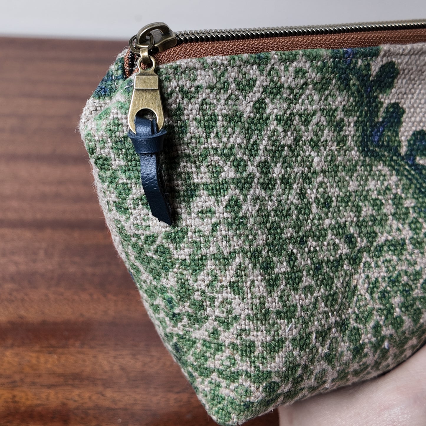Green Paisley Linen Pouch - Upcycled Fabric- OOAK