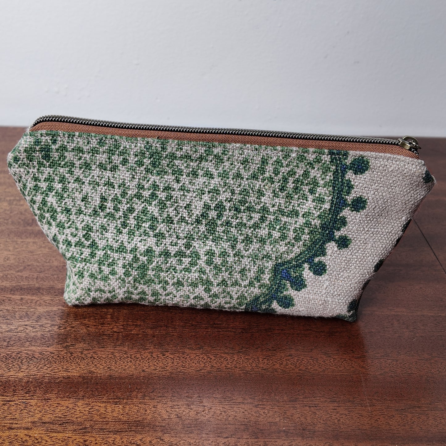 Green Paisley Linen Pouch - Upcycled Fabric- OOAK