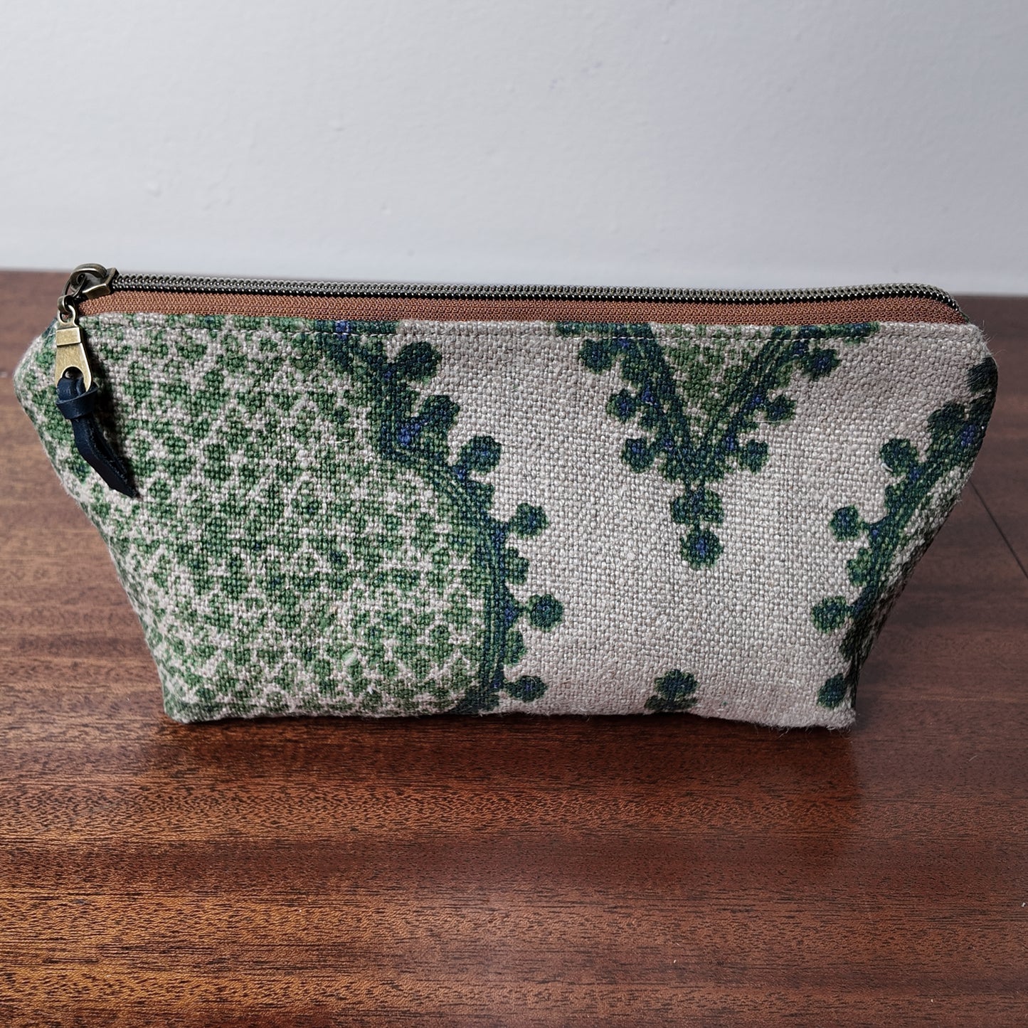 Green Paisley Linen Pouch - Upcycled Fabric- OOAK