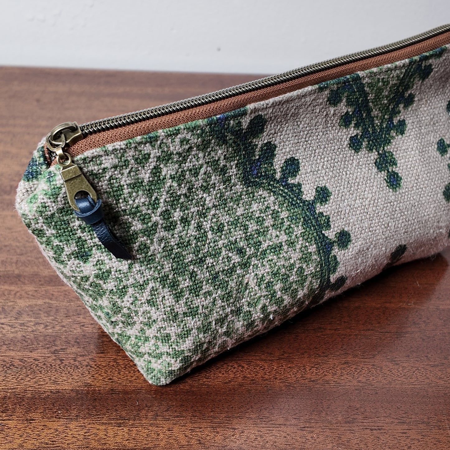 Green Paisley Linen Pouch - Upcycled Fabric- OOAK