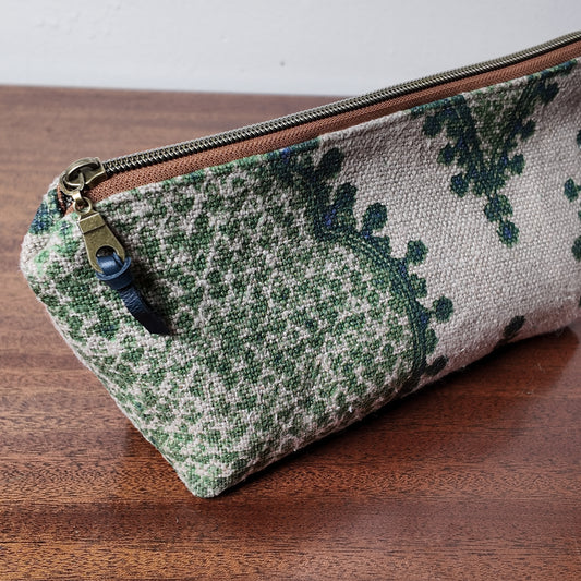 Green Paisley Linen Pouch - Upcycled Fabric- OOAK