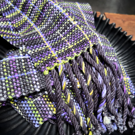 Hand Woven Superwash Wool Scarf ❖ Gray ◦ Purple ◦ Acid Green ◦ Yellow ❖ OOAK